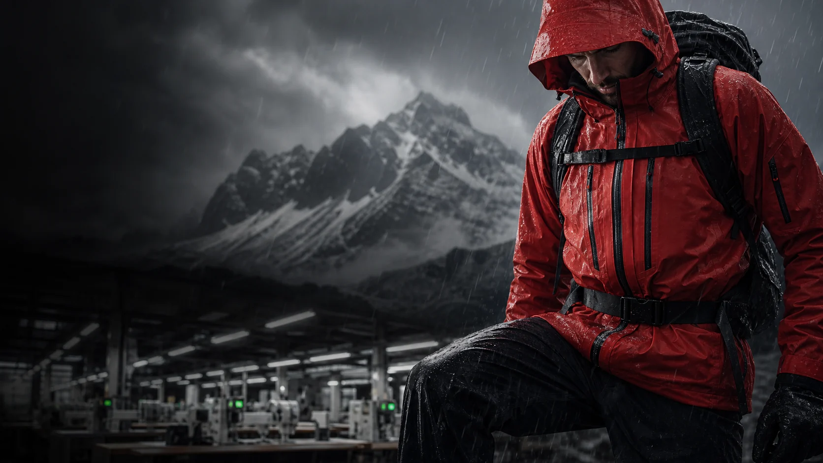 Red waterproof technical shell jacket in storm conditions with apparel manufacturing background