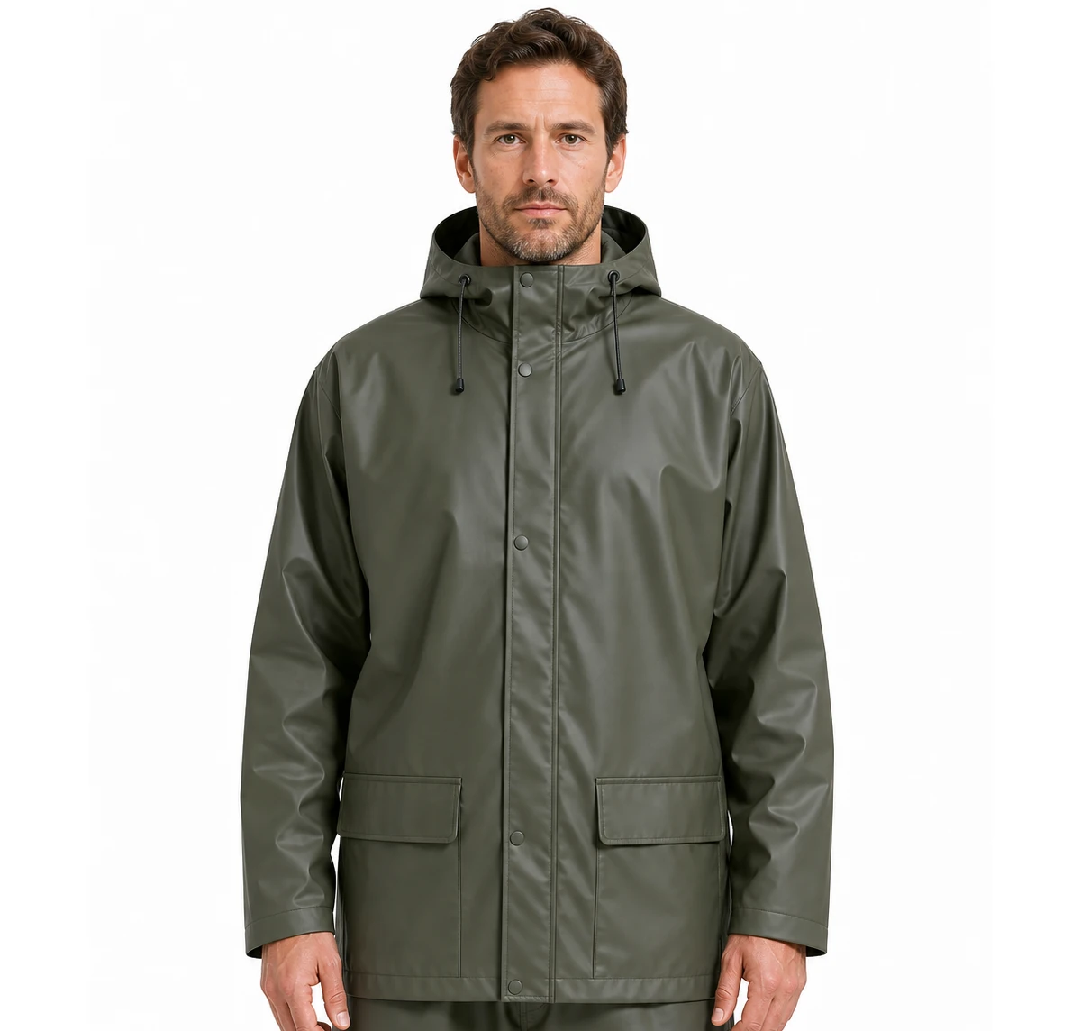 Male model wearing waterproof fishing rain suit