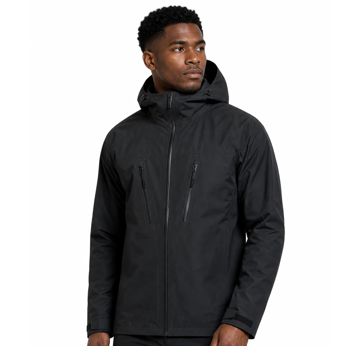 Male model wearing yellow waterproof hiking jacket