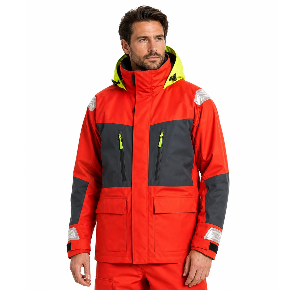 Male model wearing sailing waterproof jacket and bibs