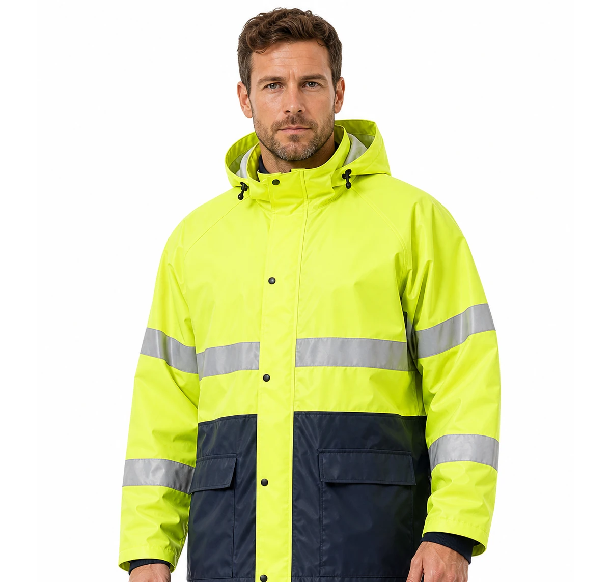 Male model wearing hi-vis waterproof workwear rain suit